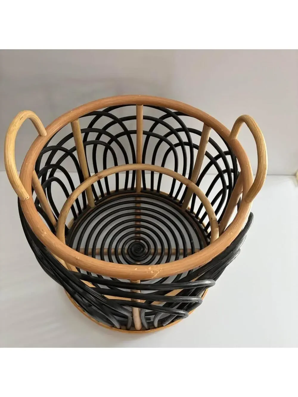 Vintage Two Tone Rattan Storage Basket Black Natural Bamboo Handles Woven